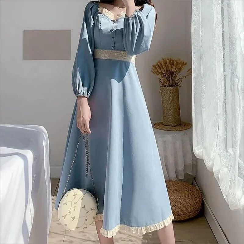 

Autumn Elegant Lady Solid Basic Dress Korean Chic Design Lace Bandage Loose Casual Woman Midi Dresses Vintage