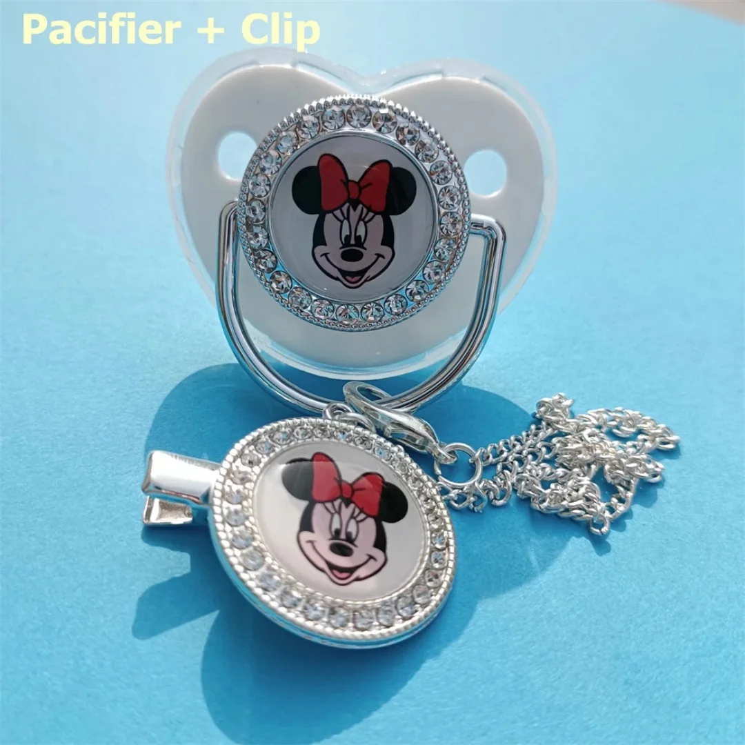 Glitter baby pacifier Cartoon Minnie Mouse silicone teeter with personalized fake clip baby shower gift designed for newborns