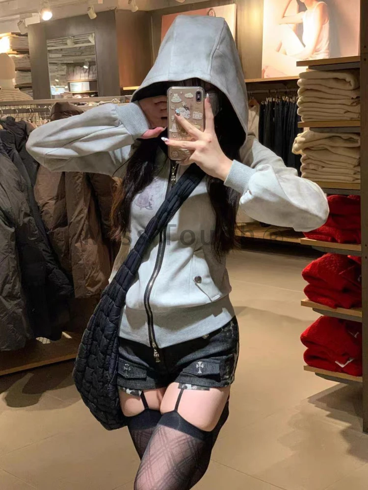 Autumn Design Y2k Long Sleeve Zipper Coat Women High Street Chic Slim Grey Hooded Hoodie Winter Casual Natural Solid Hoodie New