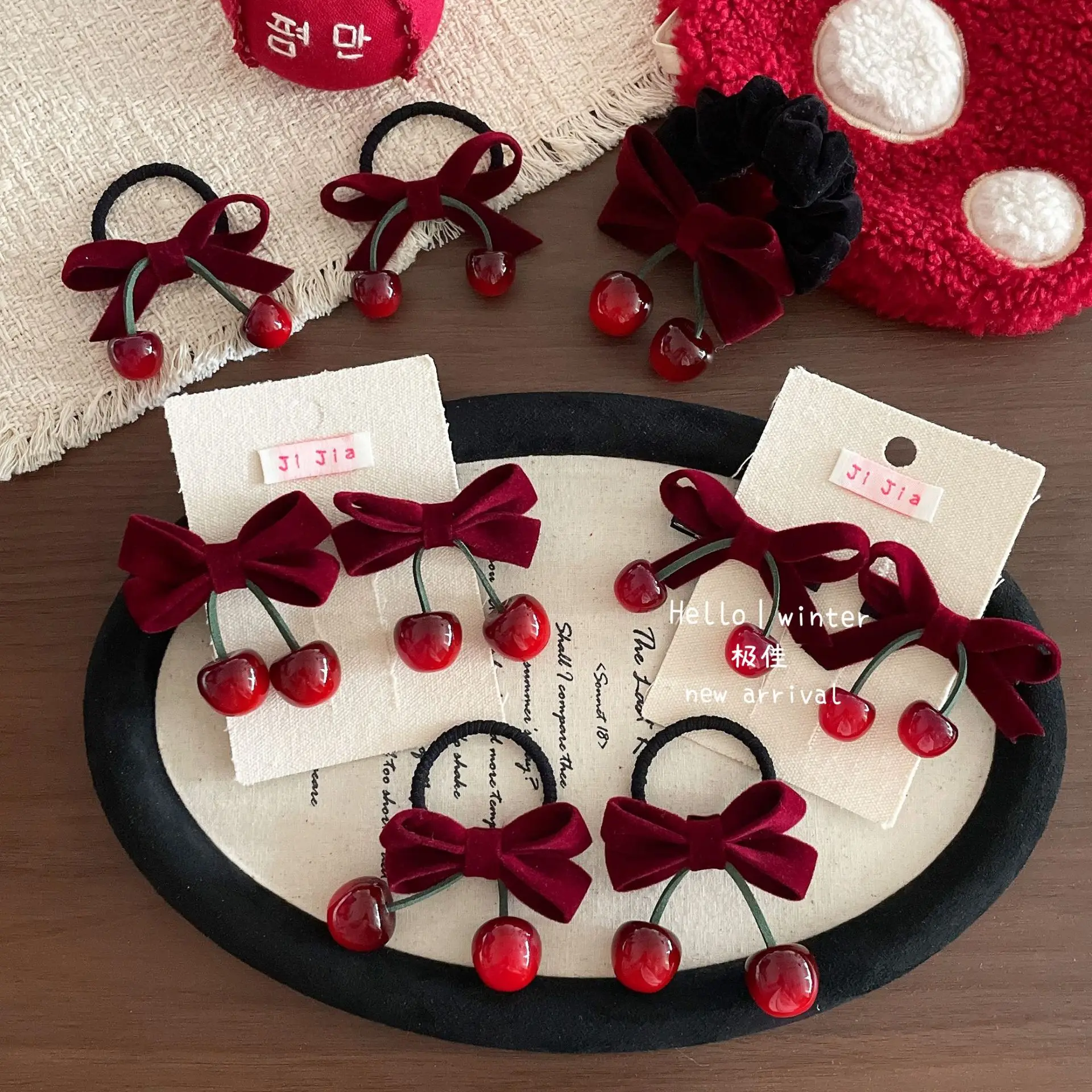 Hair Ties Hair Clips Cherry Velvet Bow Kids Festive Holiday Elastic Soft Cute Portable Versatile Daily Headwear Accessories
