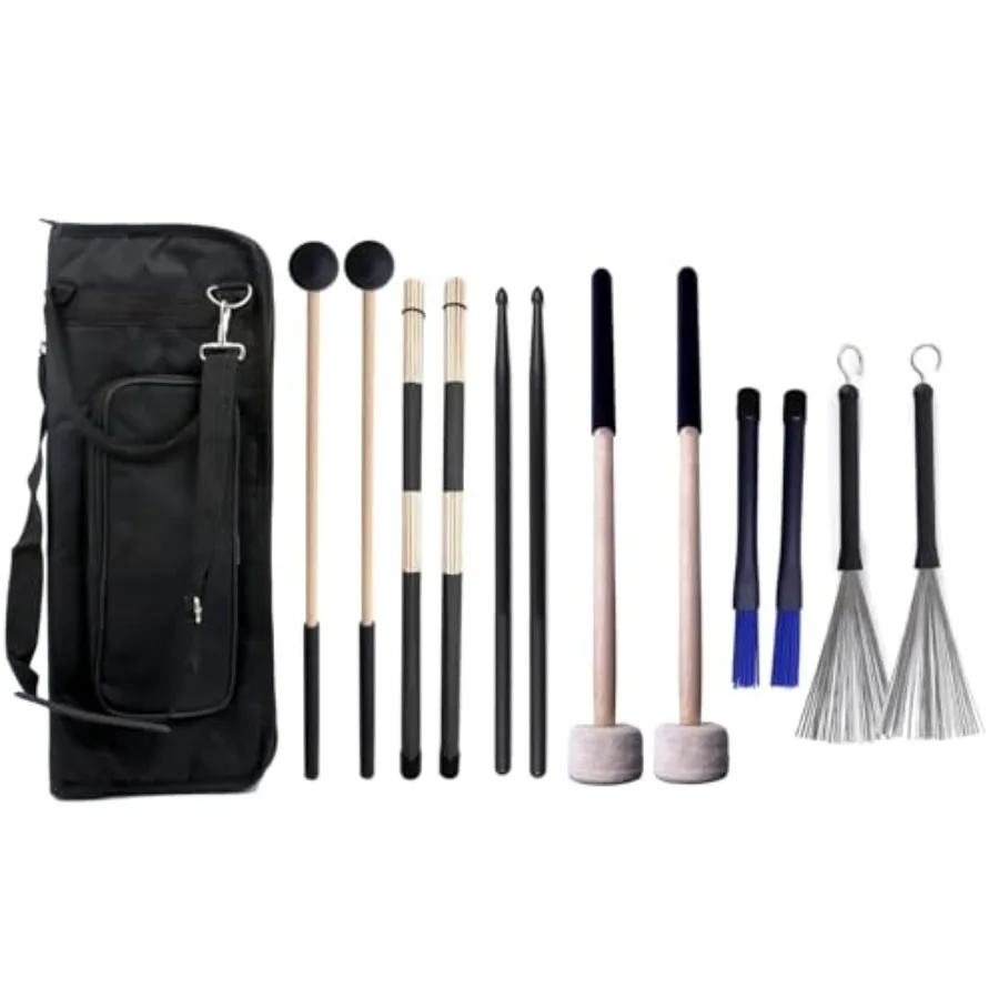 

Большая сумка для барабанных палочек с набором из 6 пар палочек и молоточков, нейлоновые барабанные палочки, бамбуковые джазовые палочки, выдвижные проволочные щетки для барабанов