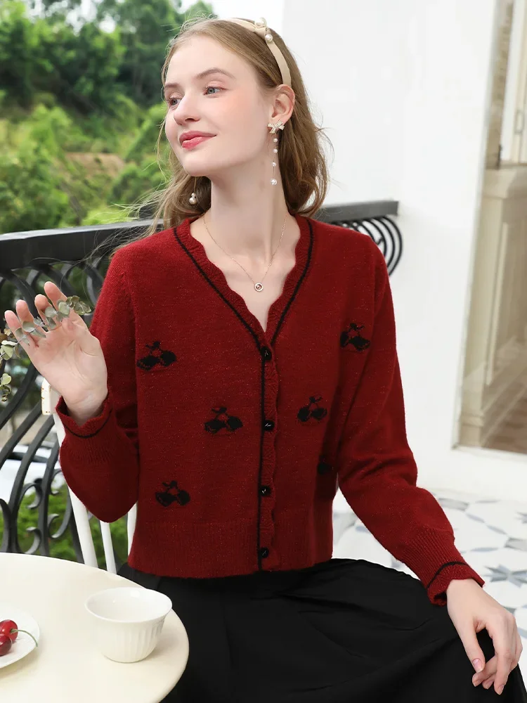 I BELIEVE YOU Red Casual Sweater Knitted Coats for Woman V-neck Office Lady Short Cardigan Fall Clothes 2024 Women 2244125832