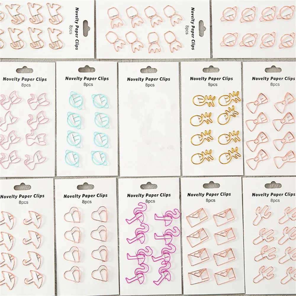 8Pcs Creative Paper Clip Cartoon Golden Bookmark Paper Decorative Clip Metal Binder Clips Stationery Photos Tickets Organizer