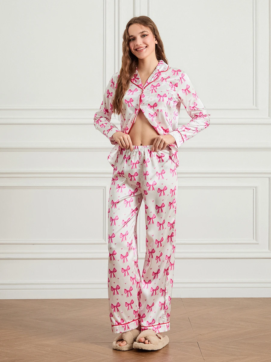 Women s 2 Piece Lounge Set Long Sleeve Lapel Bow Bear Bow Print Shirt Pants Sleepwear Sets in Cozy Cotton Fabric