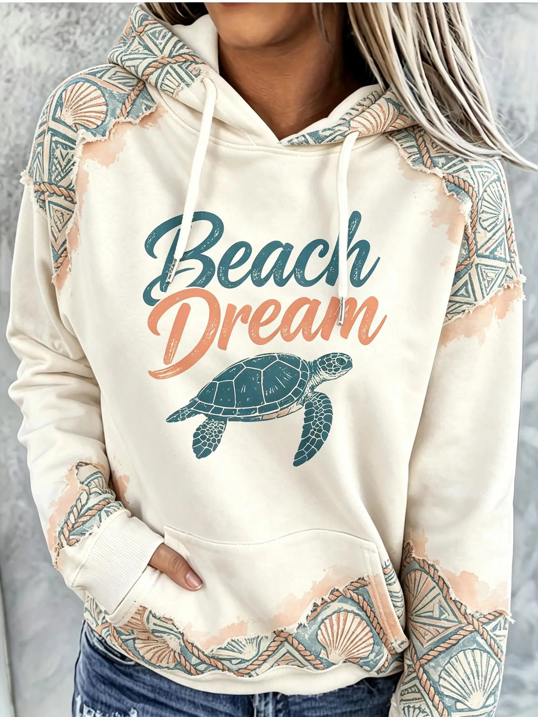 Women Fleece Hoodie Beach Dream Sea Turtle Shell Geometric Patch Print Long Sleeve Drawstring Pocket Loose Hooded Sweatshirt