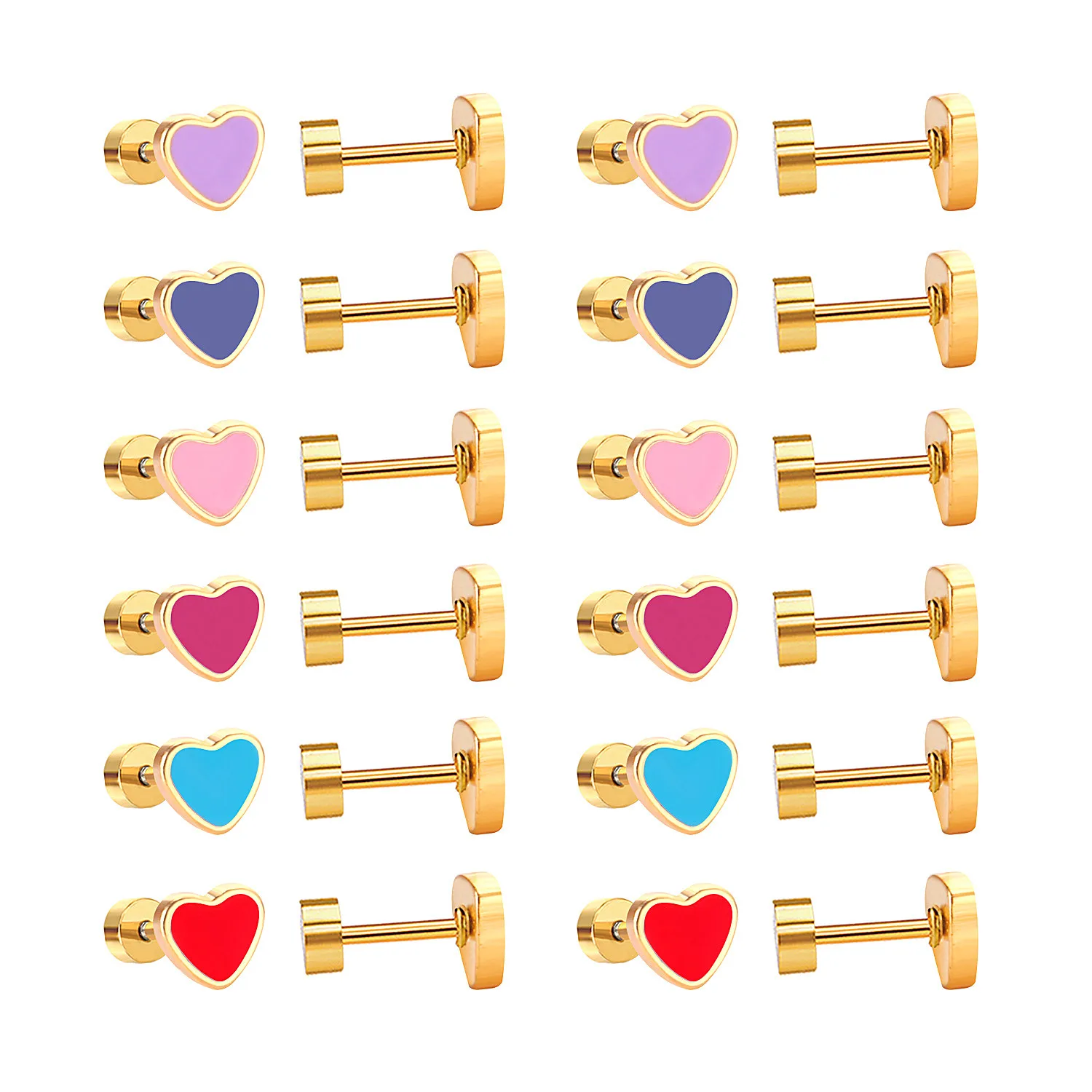 12 Pair/lot Cute Girls Stud Earrings 316L Stainless Steel For Women Love Heart Flower Piercing Stud Jewelry Party Gift Trendy