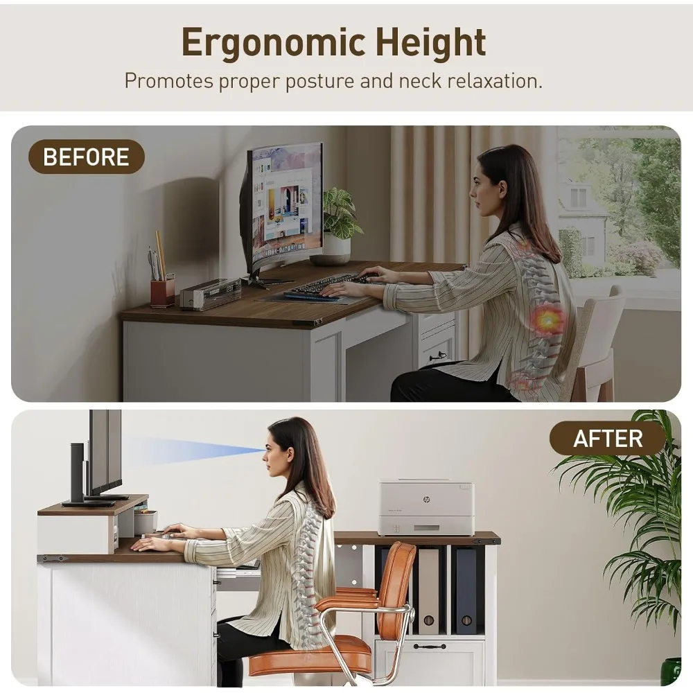 Farmhouse 69" Executive L Shaped Desk with Drawer, Home Office Desk with Charging Station, Corner Computer Desk with Monitor Sta