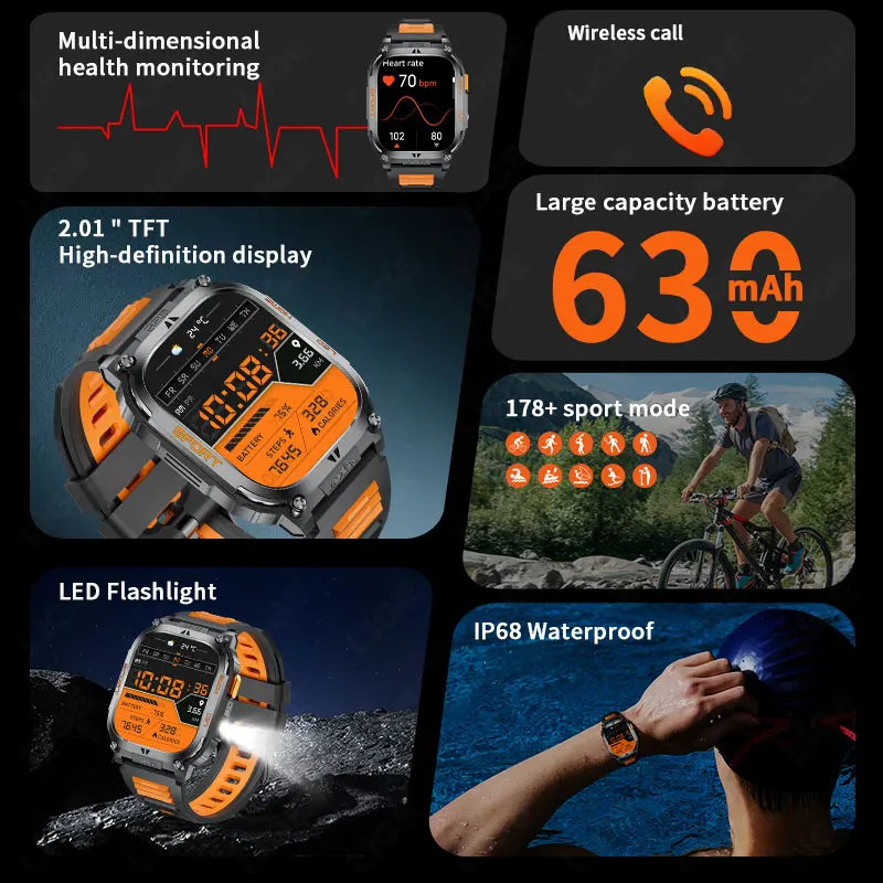 LIGE IP68 Waterproof Heart Rate Monitor Bluetooth Call Smart Watch Voice Assistant LED Flashlight Compass Sports Smartwatch Men
