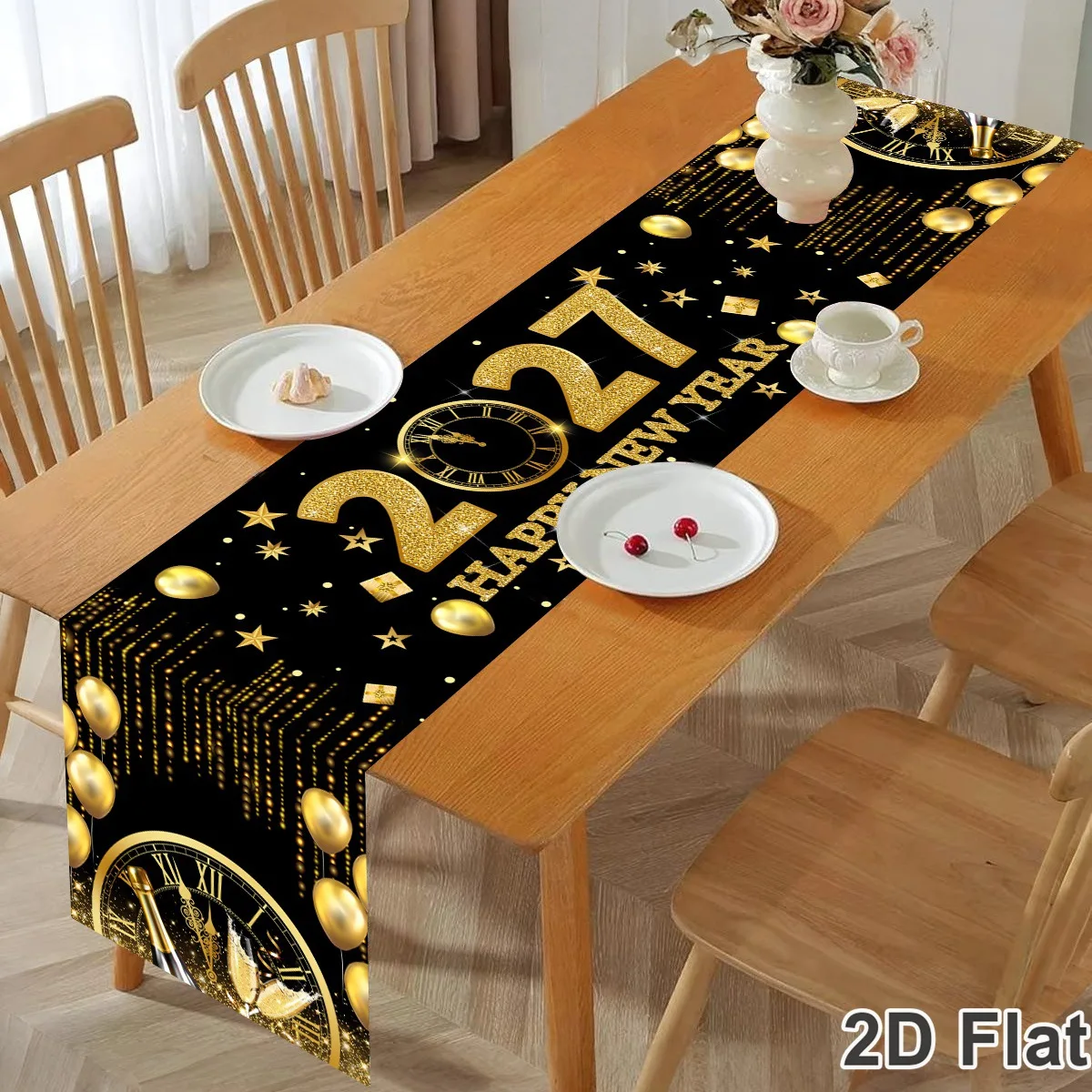 2027 Happy New Year Table Runner 35*180cm Polyester Table Flag Indoor/Outdoor Kitchen Dining Table Decor New Year Decorations