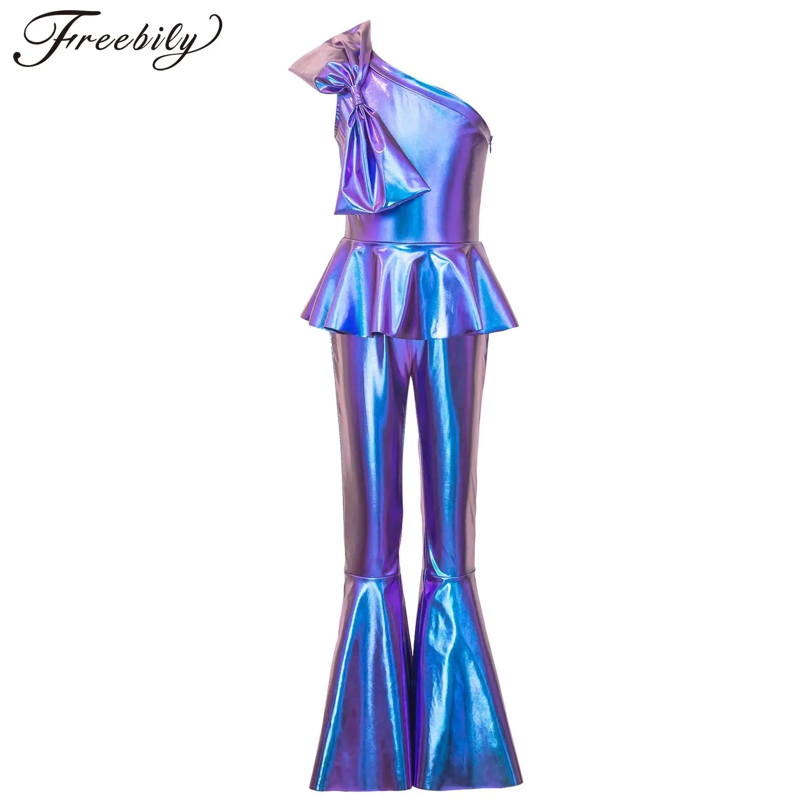 Mono de una pieza para niñas con pantalones acampanados metálicos, lazo brillante y volantes, estilo disco hippie, disfraz de baile