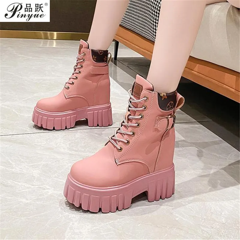 10cm Women Boots Leather Pink Ankle Boots Autumn Winter Motorcycle Boots Fashion Female Chunky Heel High Platform Shoes