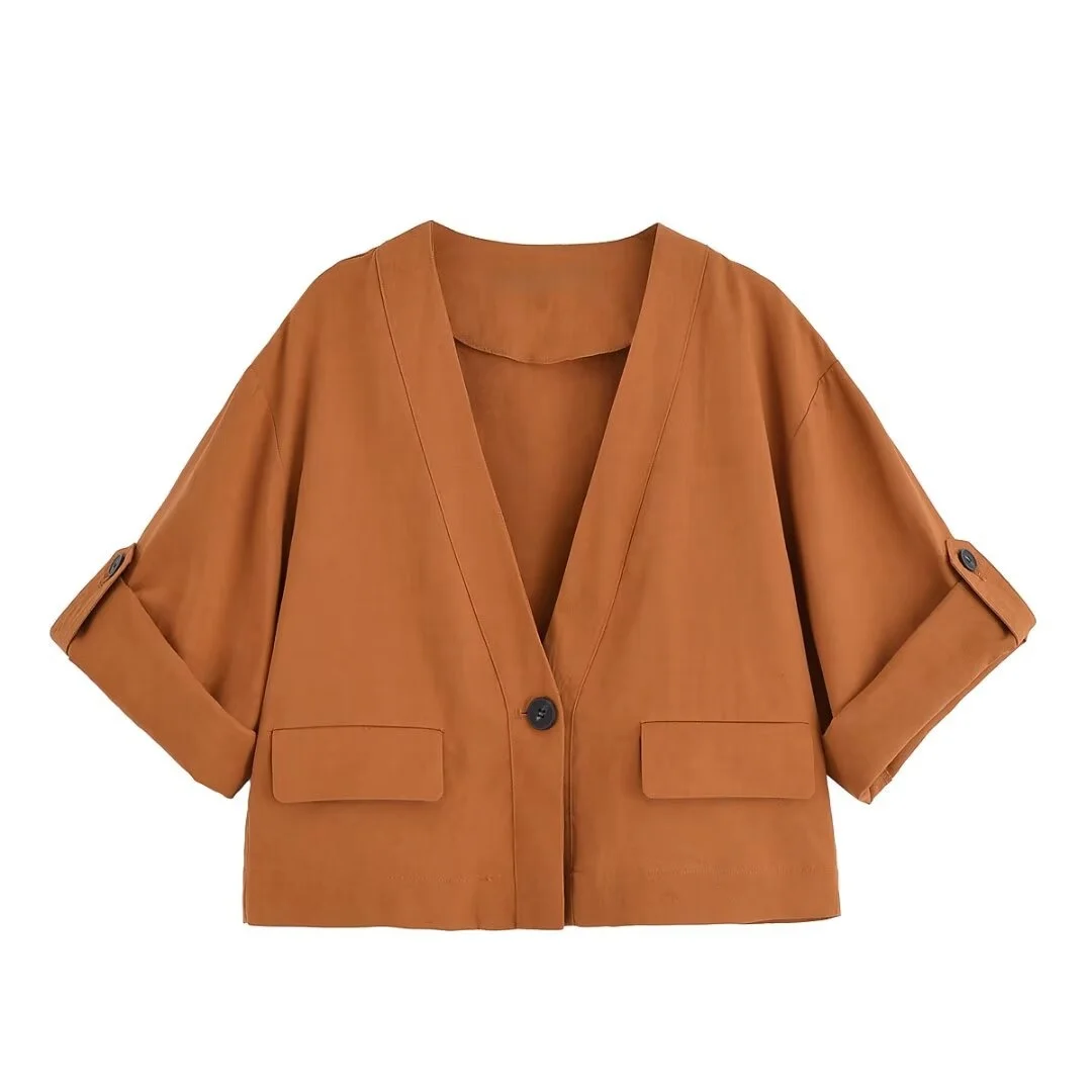 RARA2025 new summer women's casual simple sleeves can be rolled up long sleeves V-neck jacket top + wide-leg trousers