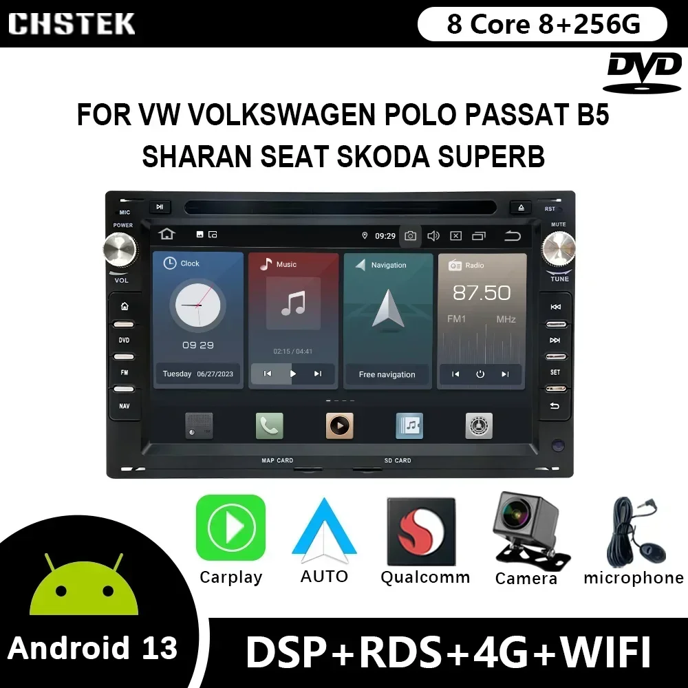 

CHSTEK 2 Din Car Radio Android 12 For VW Volkswagen POLO PASSAT B5 SHARAN SEAT SKODA SUPERB Qualcomm DVD GPS CarPlay WIFI 4G DSP