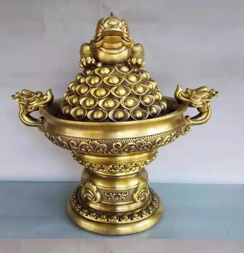 Metal 1 foot 3 double eared toad treasure bowl decoration, home and office cultural and creative ornaments