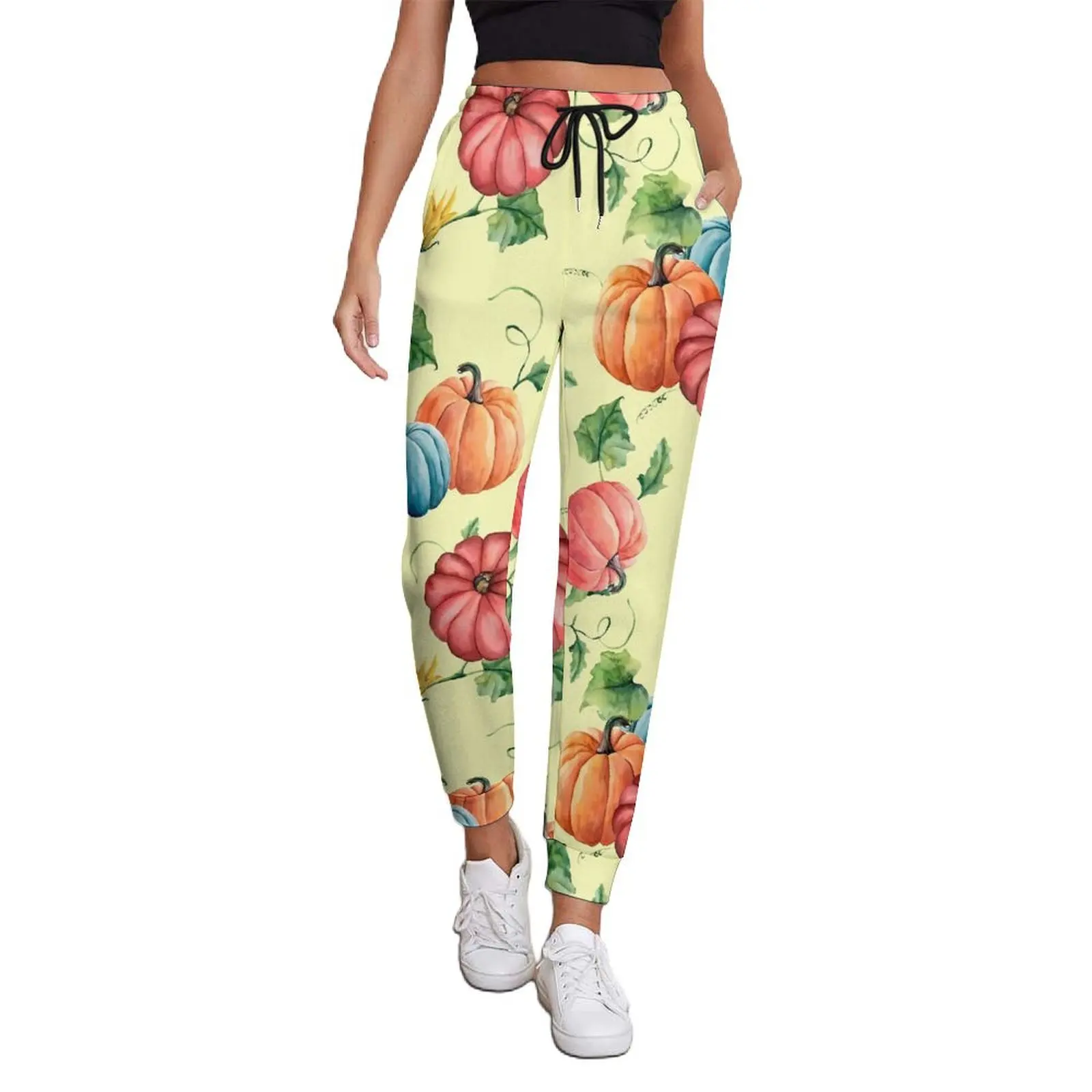 Pumpkins Print Jogger Pants Womens Orange and Blue Street Wear Joggers Spring Retro Graphic Trousers Big Size