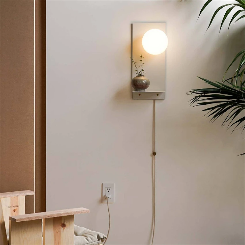 Nordic white bracket wall lamps bedroom bedside bookshelf round ball glass LED study dining room sconces lights decor lighting