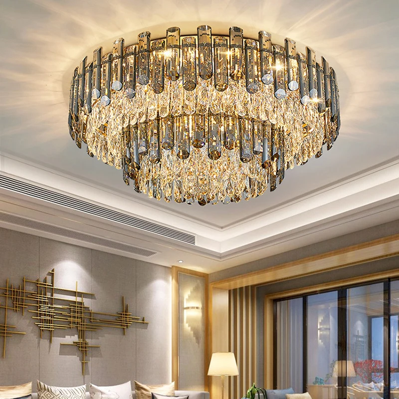 Big Crystal Ceiling Lamp Modern Led Home Decoration Ceiling Light Fixture Smoky Grey Cristal Lampara De Techo Living Room Lampen