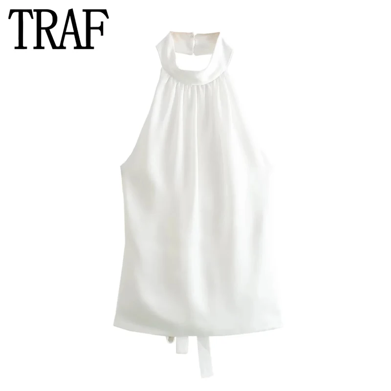 TRAF White Halter Top Female Satin Backless Crop Top Women Tie Off Shoulder Sexy Tops Woman 2024 Summer Sleeveless Short Tops