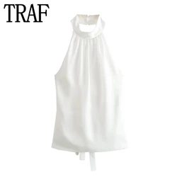 TRAF White Halter Top Female Satin Backless Crop Top Women Tie Off Shoulder Sexy Tops Woman 2024 Summer Sleeveless Short Tops