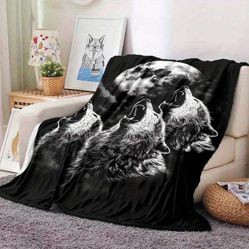 Cozy Wolf & Moon Print Flannel Blanket - Soft, All-Season Throw For Office Chair Naps, Home & Camping