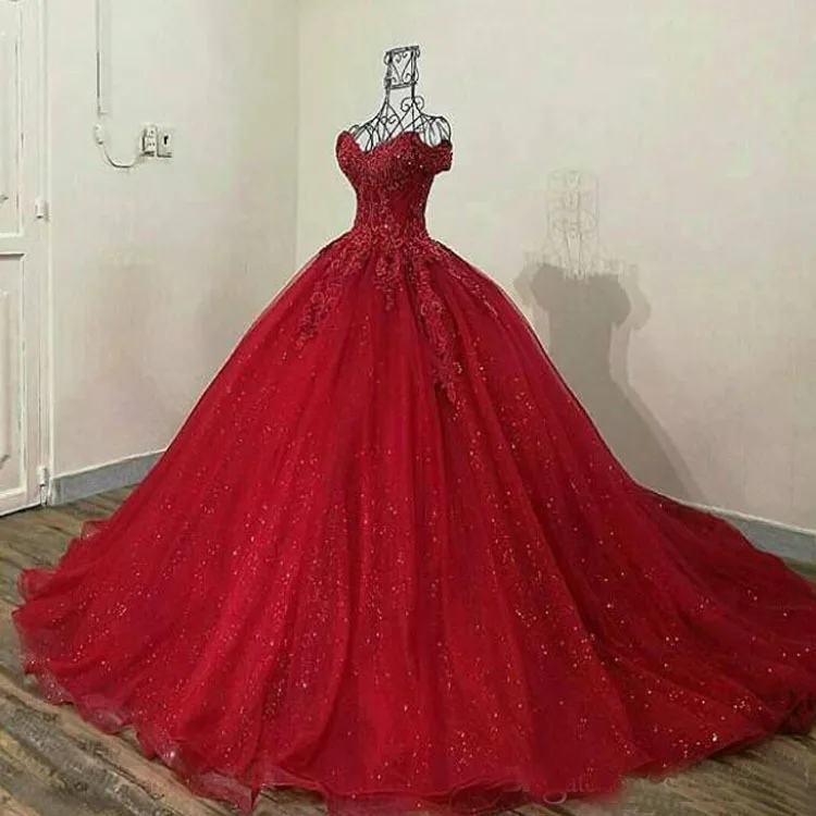 

Sparkly Red Lace Applique Dresses Off Shoulder Sweetheart Neck Ball Tulle Prom Dress Quinceanera Gowns