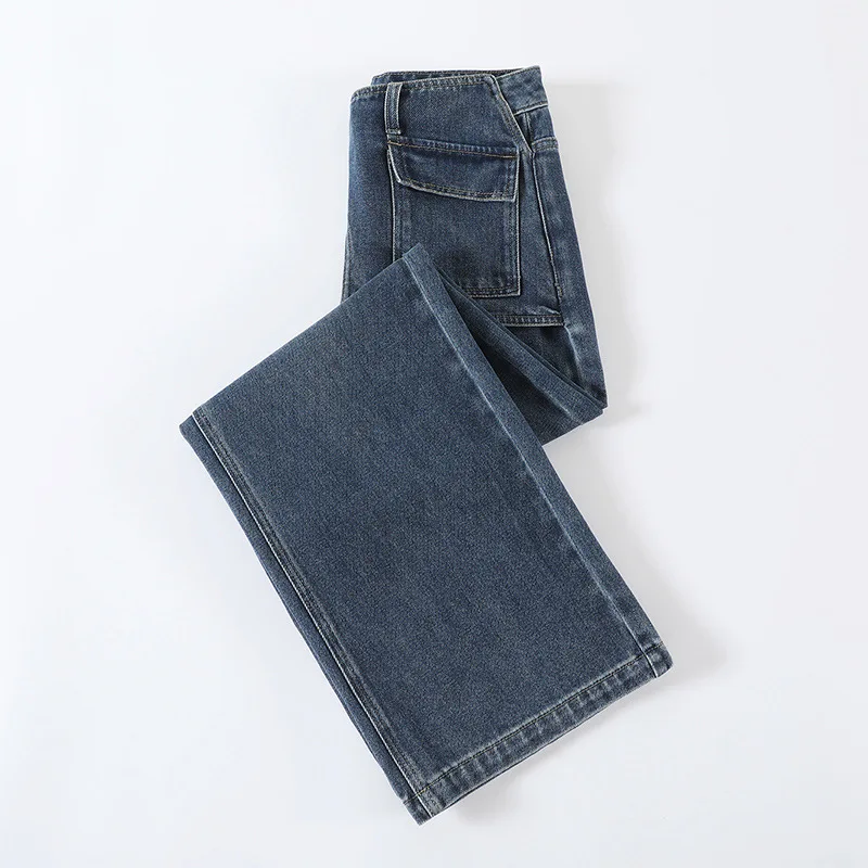 جينز مستقيم واسع الساق على الطراز الأوروبي للنساء، تصميم خريفي، قطعتين مزيفتين، سروال فضفاض للتخسيس بطول الأرض