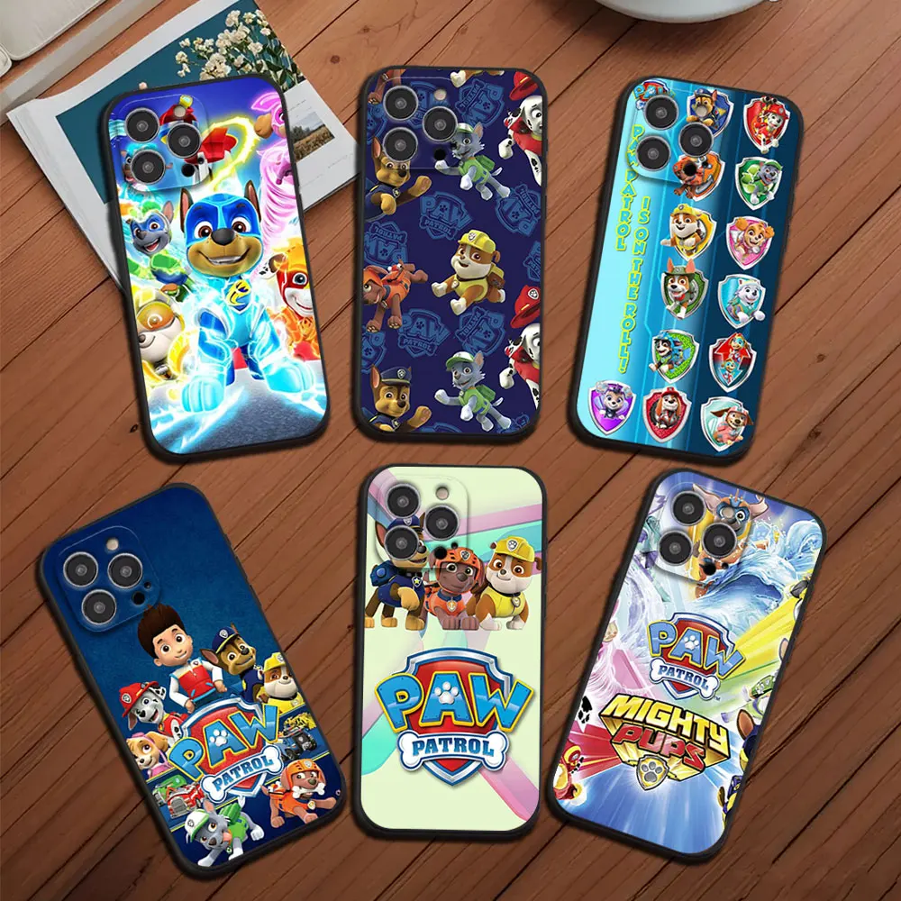 Paws P-Patrols Cartoon Dog Phone Case for iPhone 12 11 13 14 15 16 Max Pro Plus Black Soft Silicone shell