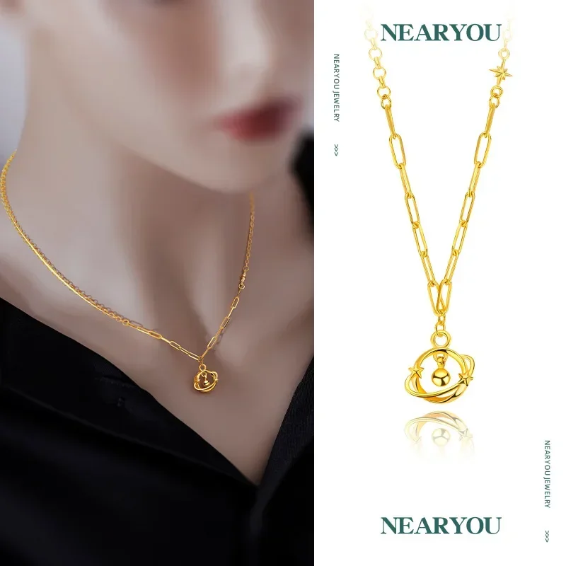 9999 Real Gold 24K Hot Fashion Happy Planet Roaming Female Gentle Cute Collarbone Gold Set Chain