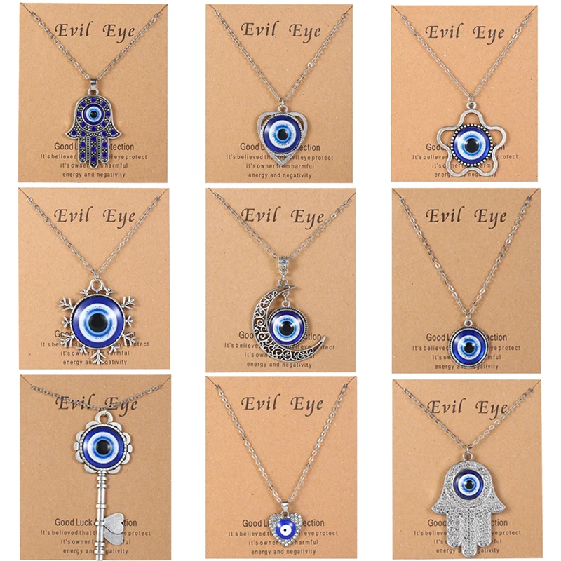 Silver Plated Lucky Blue Evil Eye Pendant Necklace For Women Men Fashion Charm Heart Moon Flower Palm Necklaces Jewelry Gifts