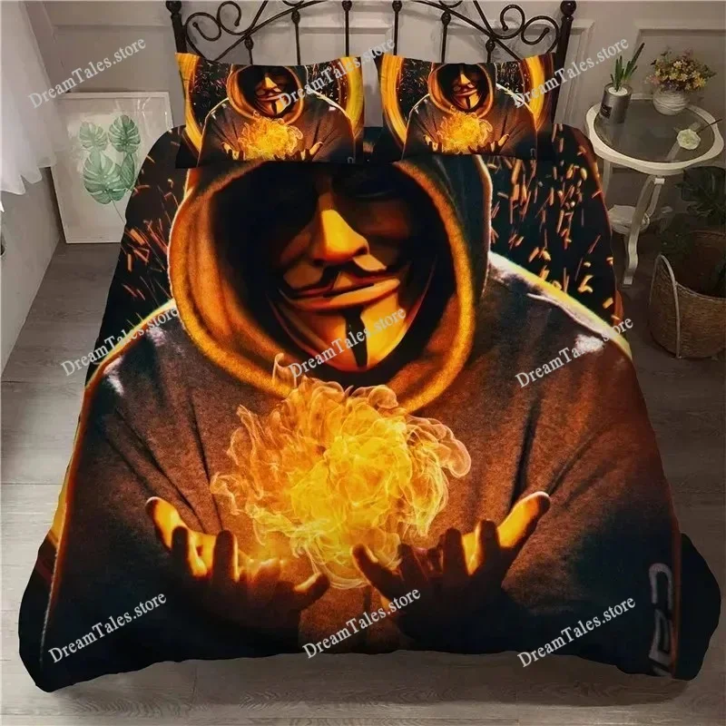 

3D Printed Anonymus with Mask Bedding Set Boys Girls Twin Queen Size Duvet Cover Pillowcase Bed Boys Adult Home Textileextile