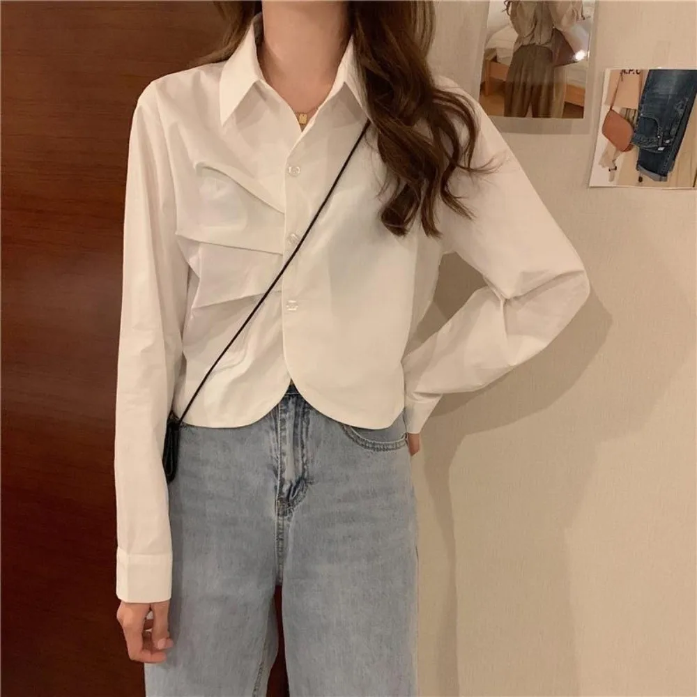 

Short Ruffle Long Sleeve Shirt Korean Style V-neck Women Stripes Blouse Streetwear Half Circle Design Long Sleeve Tops