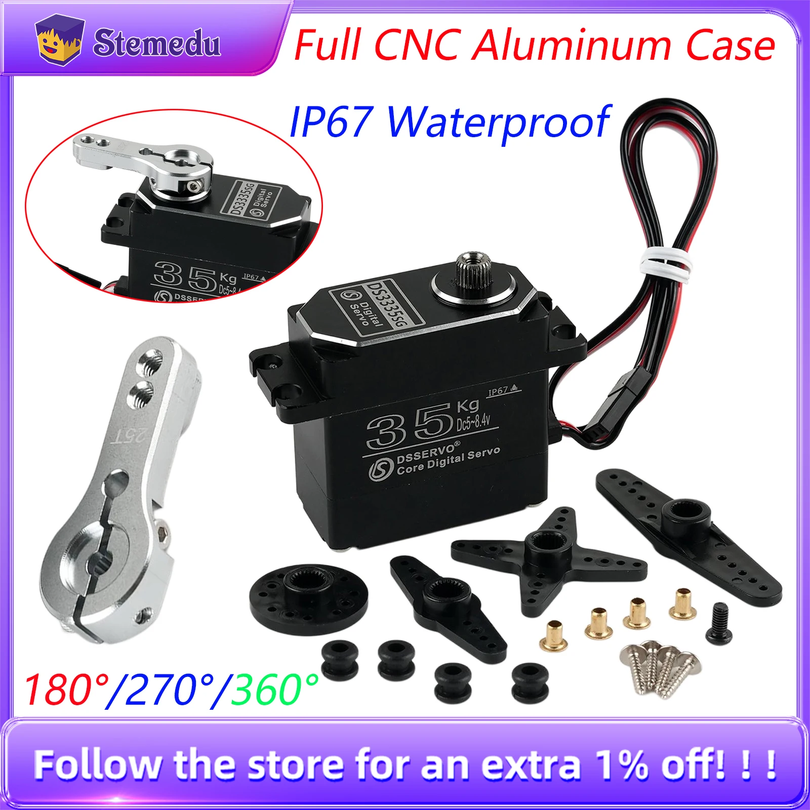 

DSservo DS3335 35kg IP67 Waterproof Core Digital Servo Full Aluminum Case Stainless Steel Gear for 1/8 1/10 RC Car Truck Crawler