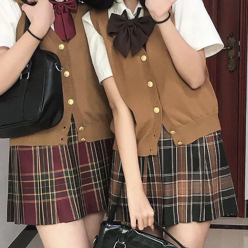 [Bruine Suiker Gemberthee] Lange/Korte Mouw Zomer Hoge Taille Plaid Geplooide Rokken Vrouwen Jk Schooluniform Studenten Meisjes Kleding