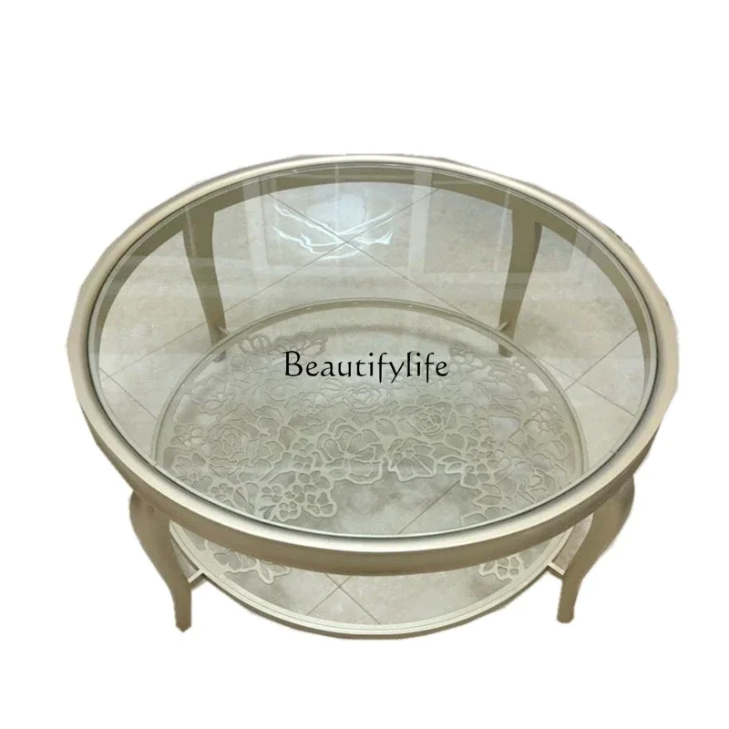 American solid wood coffee table stainless steel hollow carved tea table round simple tempered glass