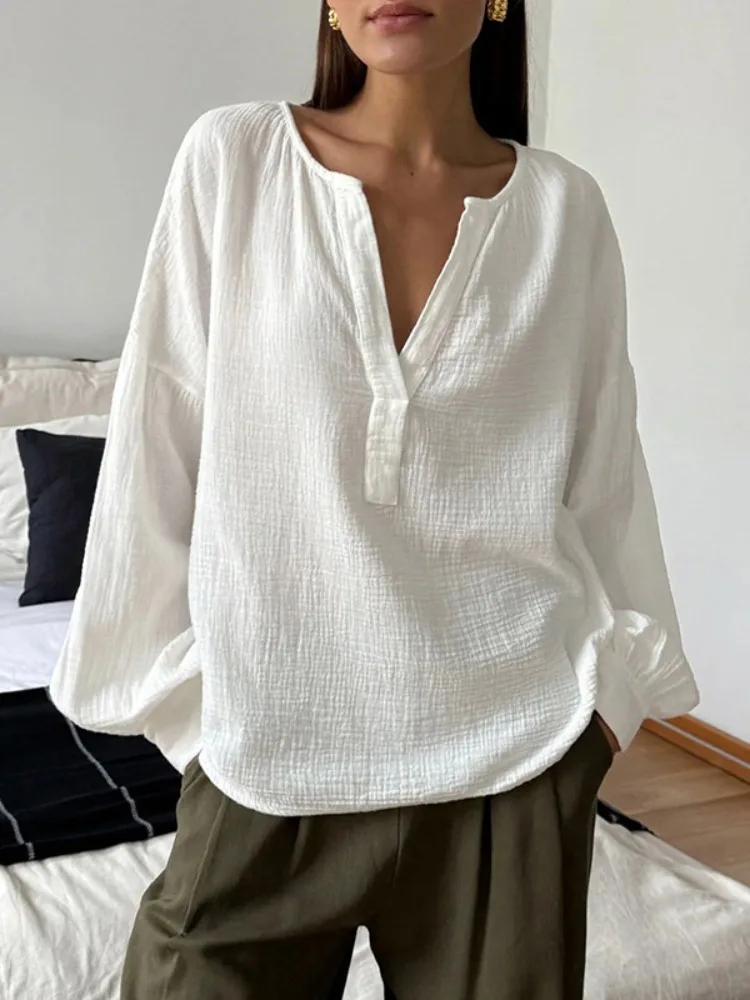 

Bonboho 2025 Stylish Women's T-shirt French Lantern Sleeve Loose-Fit Casual Cotton Crepe Shirt V-neck Simple Solid Color Blouse