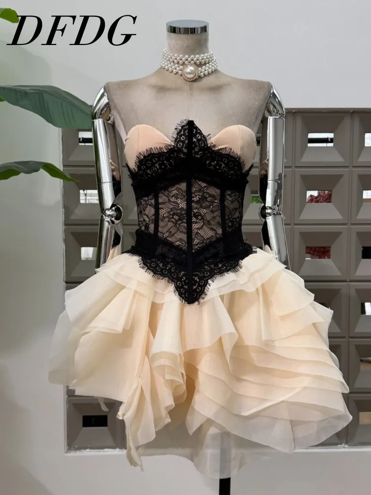 

DFDG 2025 SS Women’s Boned Lace Bralette With Asymmetric Organdy Skirt 2-Piece Set Designer Summer Evening Glamorous Dress