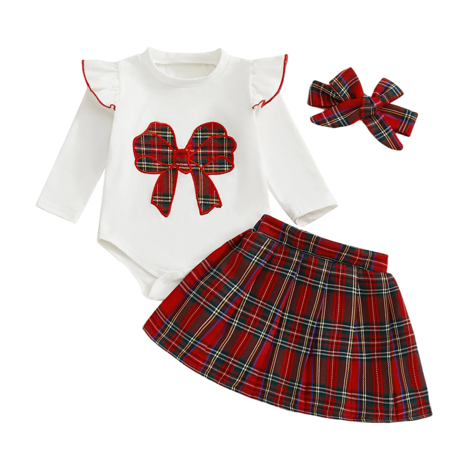 سويتي طفلة عيد الميلاد الزي القوس كشكش تقليم كم طويل رومبير منقوشة مطوي تنورة عقال 3 قطعة مجموعة