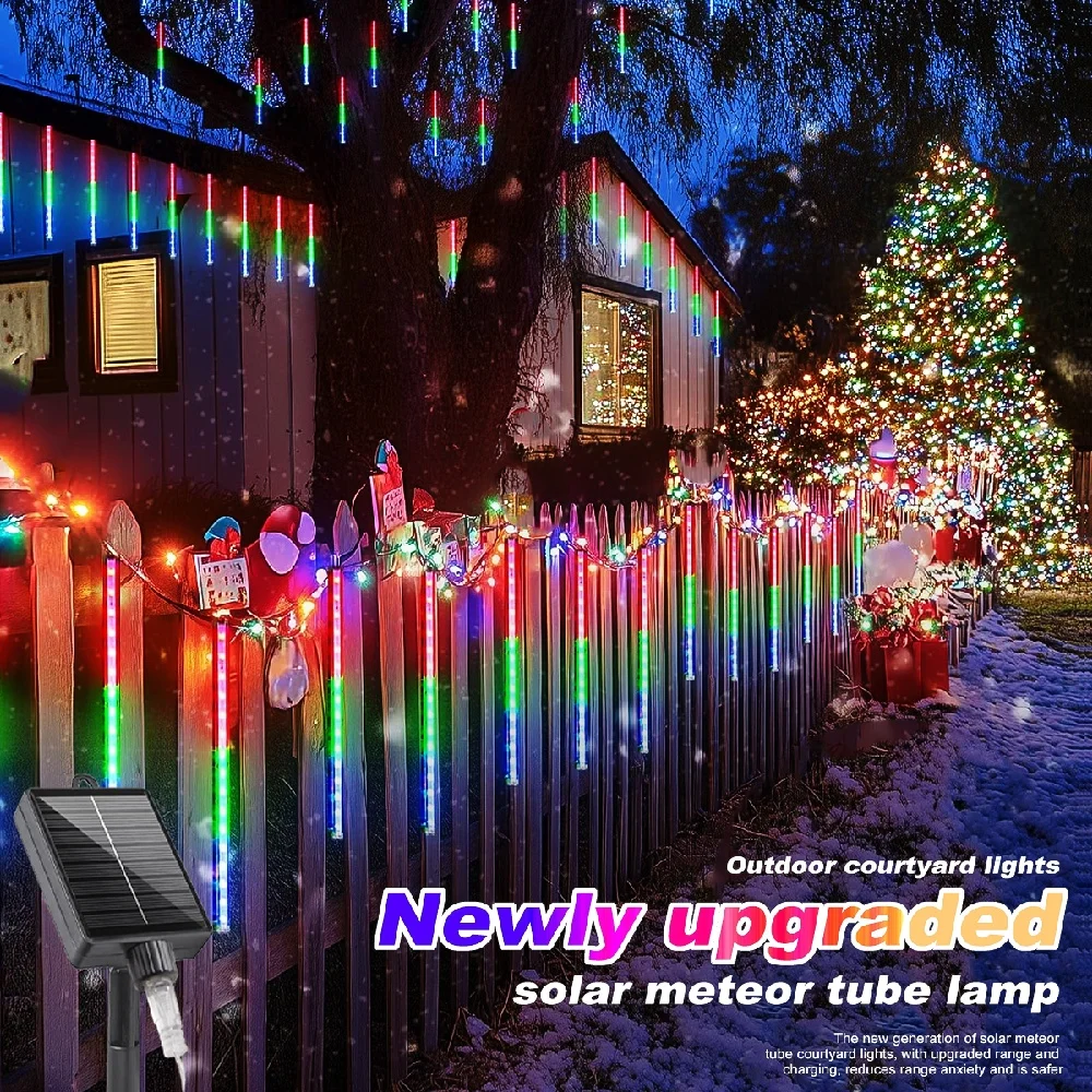 Solar-Powered Meteor Shower Light String 8 Tubes Perfect for Illuminating Outdoor Gardens Christmas Halloween Festival Decor