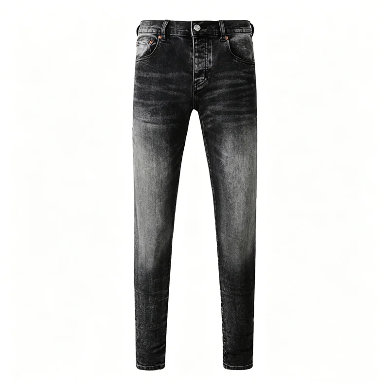 Men's Vintage Slim Tapered Jeans Black Grey Gradient Wash Whiskering Distressed Button Fly High Street Style