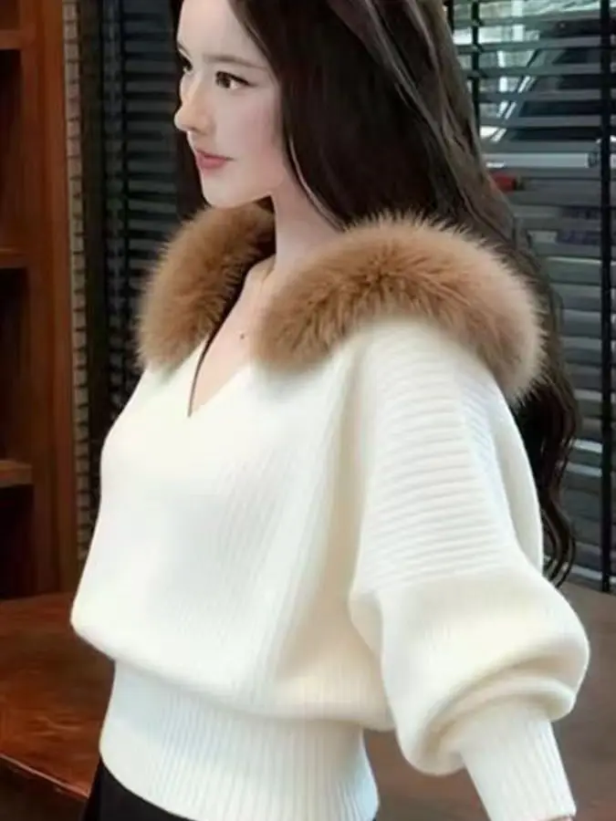 

Ele V-Ne Knitted Sweater Women's Loose Fit Autumn Winter New Sle Faionable Lazy Sle Fur Collar Knitwear