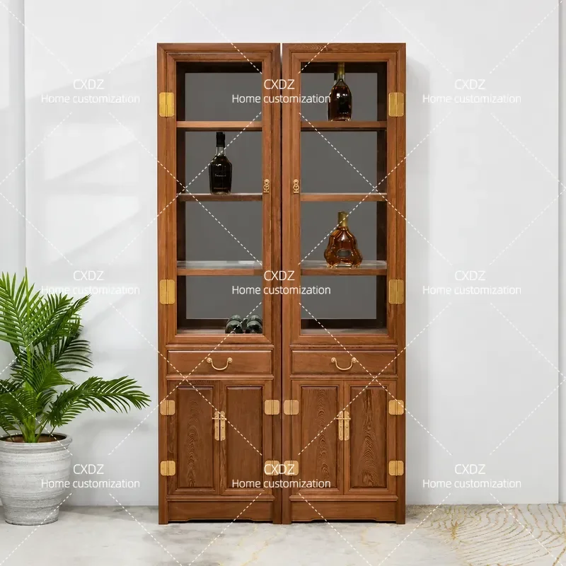 New Chinese Style Solid Wood Wine Cabinet Single Door Glass Display Cabinet Living Room Wall Mounted Storage Shelf Simple