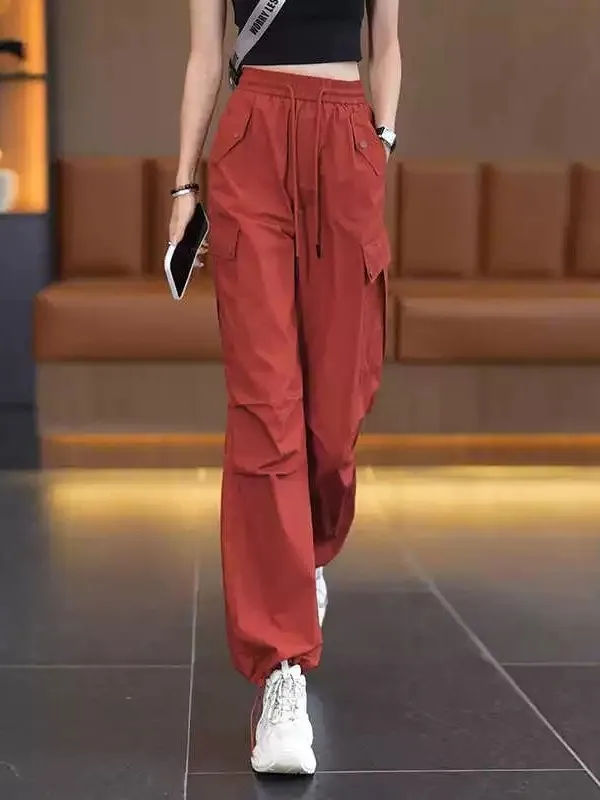 

Red American Style Work Pants Women High Waist Wide Leg Loose Casual Sport Trousers Spring Summer Autumn New Arrival