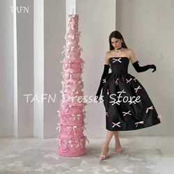 TAFN Elegant Black Satin Prom Gown Strapless A Line Birthday Party Dress Arabia Pink Bow Tea Length Evening Gown With Gloves