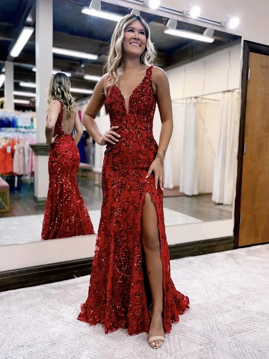 

Women's V Neck Mermaid Sparkly Sequin Prom Dresses Backless Long Formal Evening Gowns with Slit