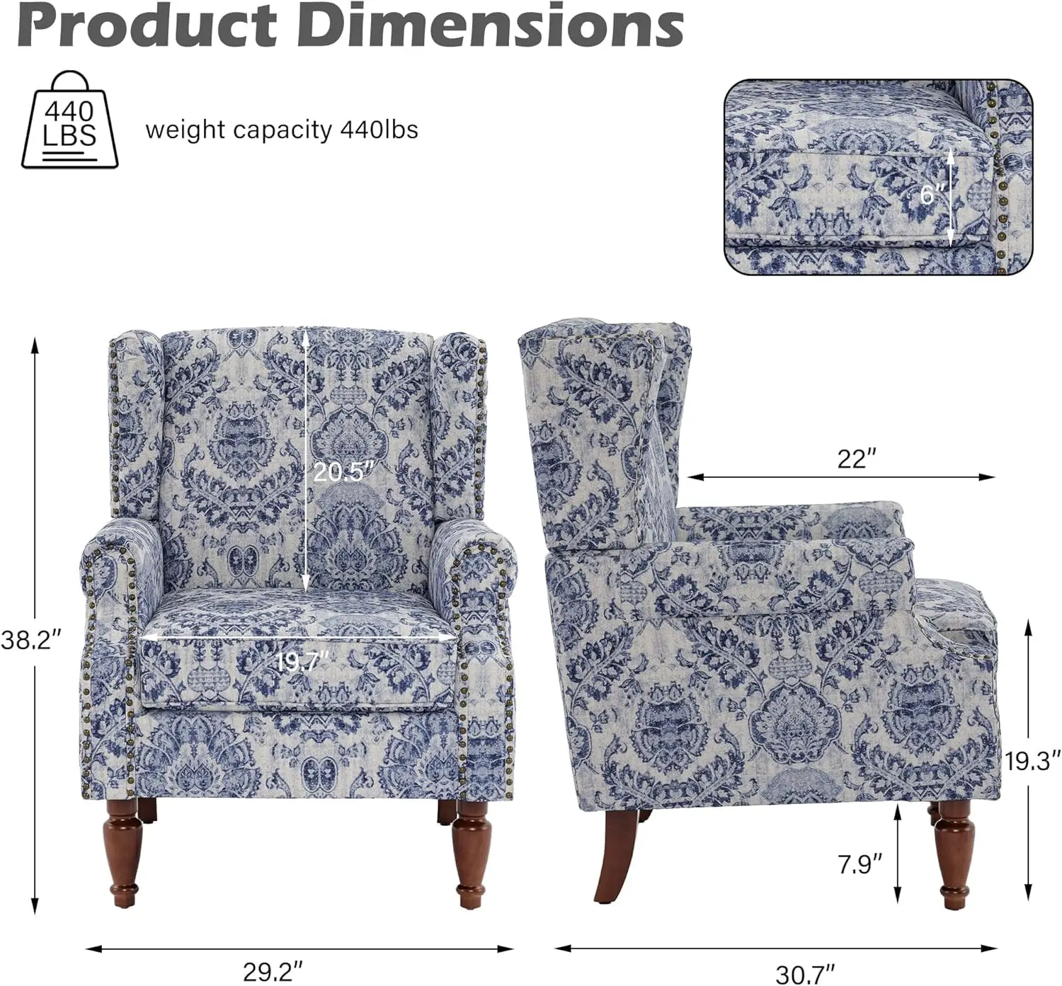 Floral High Back Wingback Accent Chair Set of 2, Fabric Upholstered Living Room Armchair, Customized