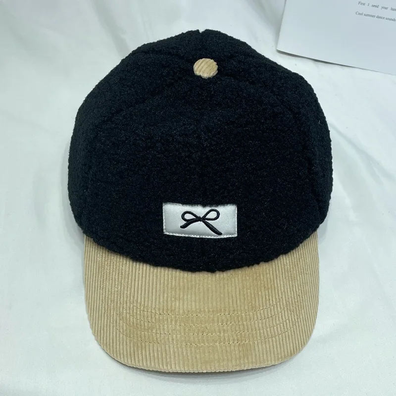 Bow Attached Cloth Lamb Wool Spliced Corduroy Baseball Cap For Women Autumn/Winter Warm Plush Duck Cap KJ202410118