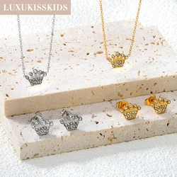 LUXUKISSKIDS Luxury Crown Earrings Necklaces Rhinestone Antlallergy Stainless Steel Jewelry Set for Woman/Men Wedding Party Gift