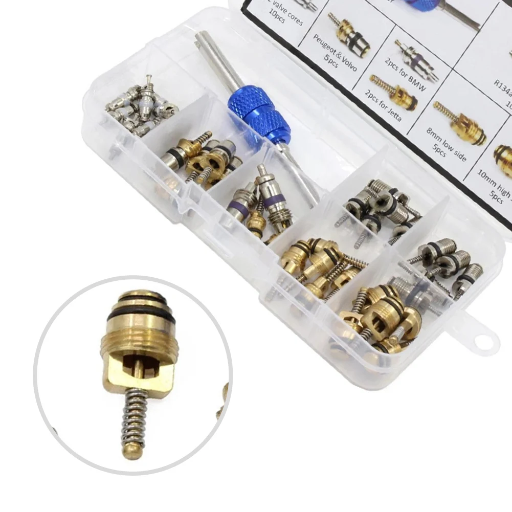 

40PCS For R134a Car AC Valve Core Kit With Removal Tool For Car Truck Motorcycle Air Conditioning Repair Aluminum Brass Set