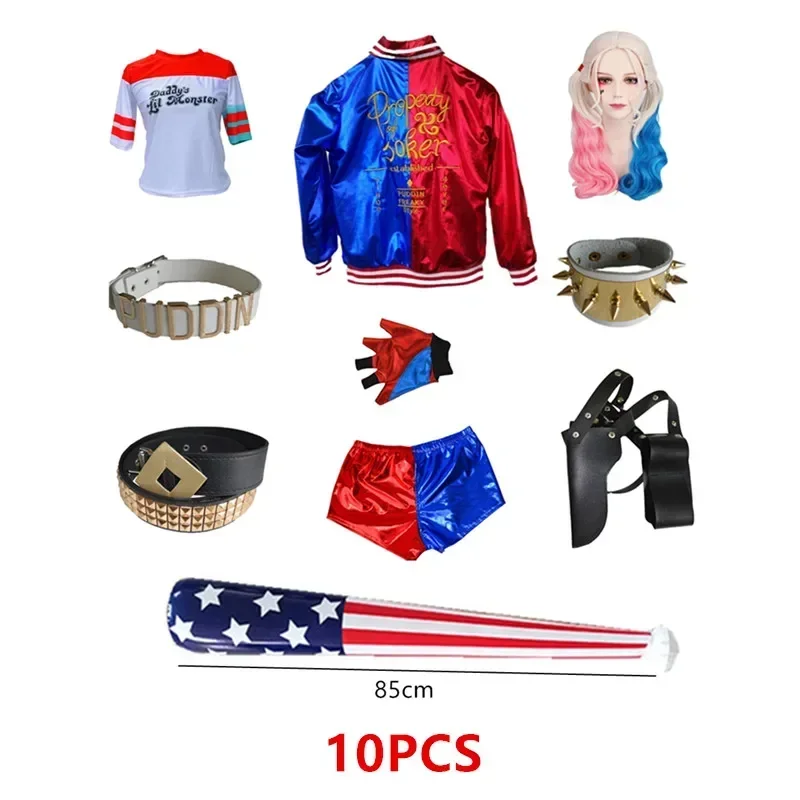 Halloween Erwachsene Harley Quinn Cosplay Kostüm Quinn Squad Harley Monster T-Shirt Jacke Hose Zubehör Komplettes Set