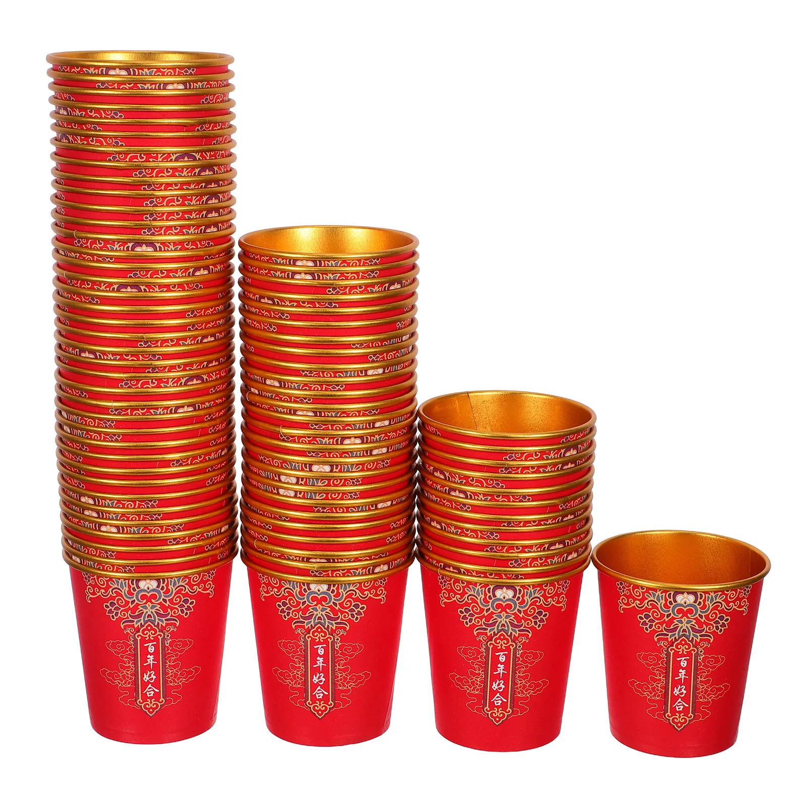 

100pcs Chinese Paper Thickened Durable Disposable Cups For Wedding Tea Ceremony Red Gold Foil Festive Party Decoration - Bulk